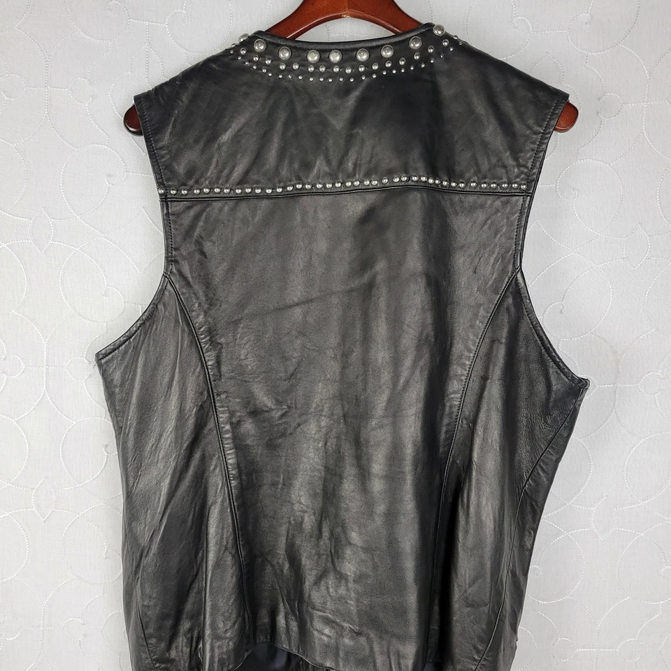 Overland Sheepskin Womens Motorcycle Vest 44 Black Leather Studded Silver Beads - Image 2 of 4