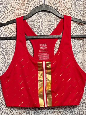 Pink Ultimate Womens Size L Sports Bra Red Metallic Gold Stripe Activewear