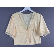 Eyelet Lace Cottagecore Crop Top Womens L Yellow Pearl Button V-Neck Coquette
