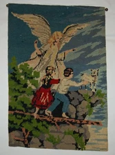 VINTAGE European Gobelin Needlepoint Tapestry Children With Angel 18" x 12"