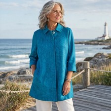 Chico's Blue Textured Floral 4 Button 3/4 Sleeve Coat 1