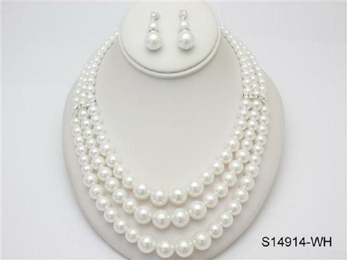 WHITE SILVER 3 LAYER PEARL NECKLACE SET 