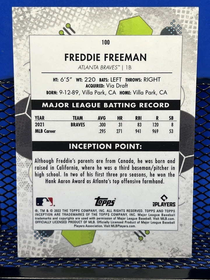 2022 Topps Inception FREDDIE FREEMAN Atlanta Braves Base 100 - Image 2 of 2