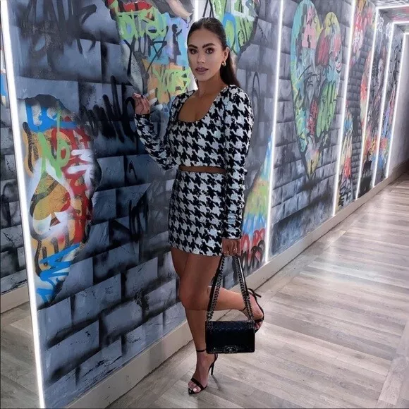 High waisted sequin top houndstooth mini skirt