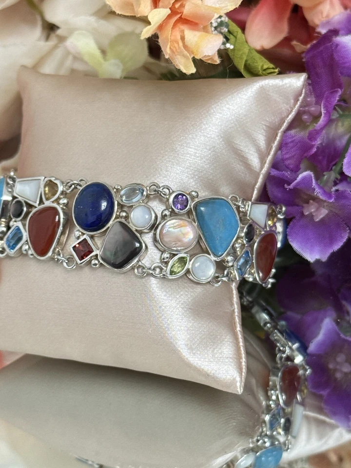 Sterling Silver 925 Multi Gemstone Multi Color Panel Chain Tennis Bracelet 8” - Image 2 of 4