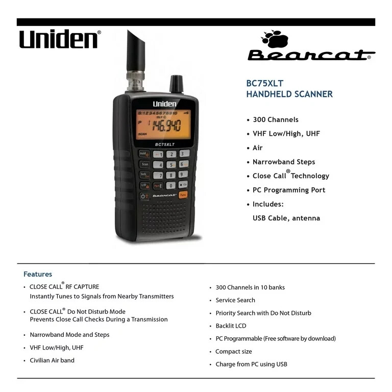Uniden Bearcat 300Channel Handheld Scanner with Antenna (BC75XLT