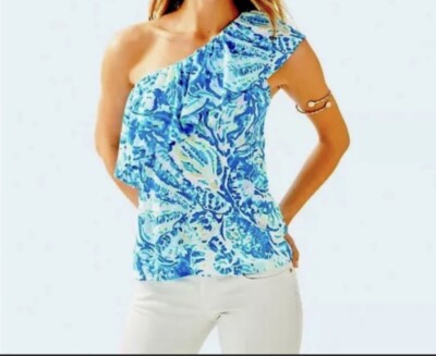 Lilly Pulitzer One Shoulder Matteo Top Bennett Blue Salty Seas Ruffle Trim XS