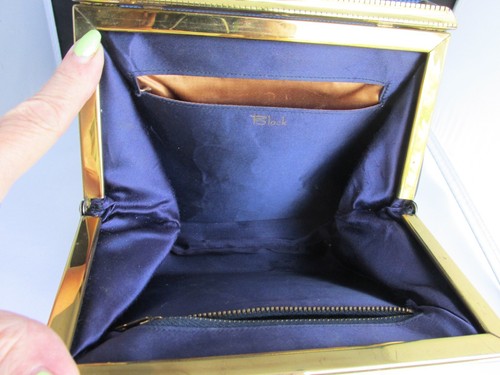 Vintage BLOCK Navy Blue Patent Leather Purse Handbag Gold Frame Bar Clasp Signed - Picture 10 of 15