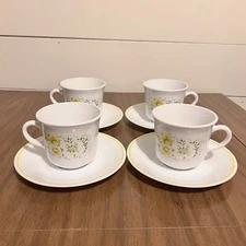Corelle April Cup & Saucer Set - Green Yellow Floral - Set of 4 Corning Pairs