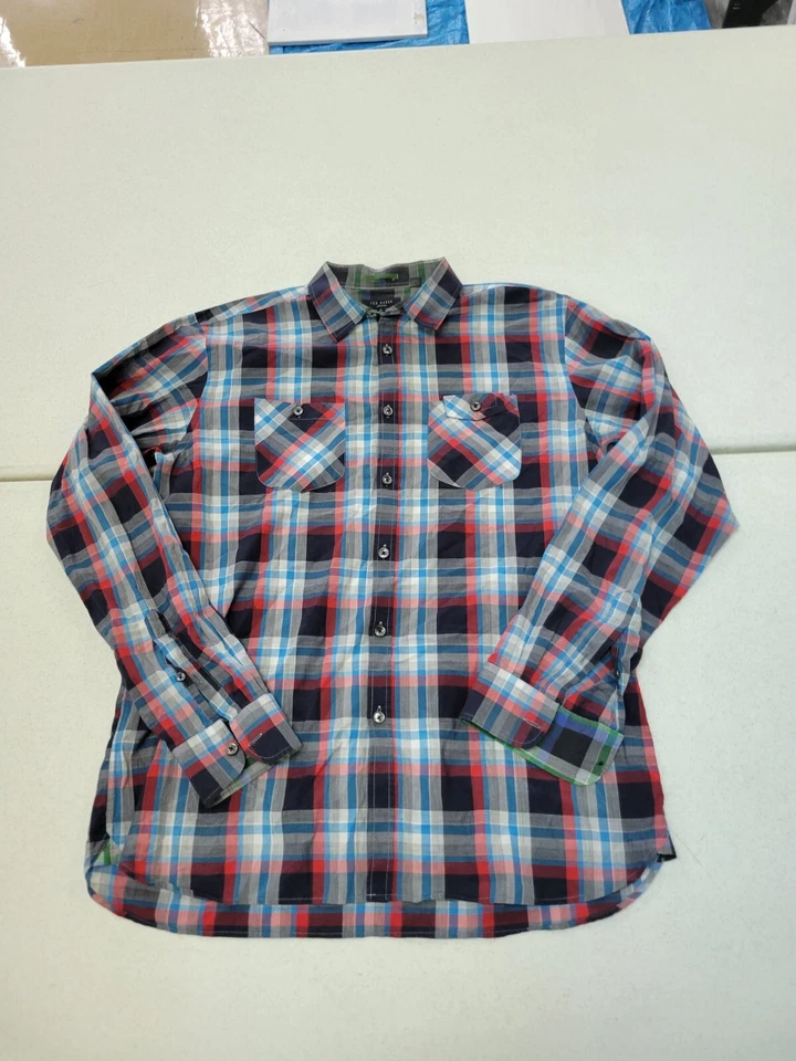 Camisa de vestir Ted Baker London para hombre manga larga talla 5 EXTRA GRANDE azul rojo a cuadros Foto 2 de 4
