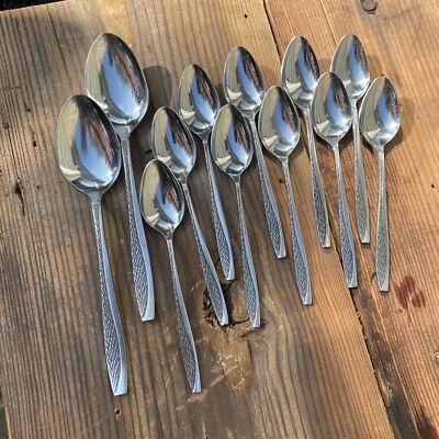Mid Century Stainless Steel 10 Epic Japan Teaspoons & 2 Serving Spoons