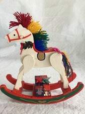VINTAGE WOOD ROCKING HORSE GIFT BOX DECORATION MULTICOLOR WOOL HAIR  MANE 