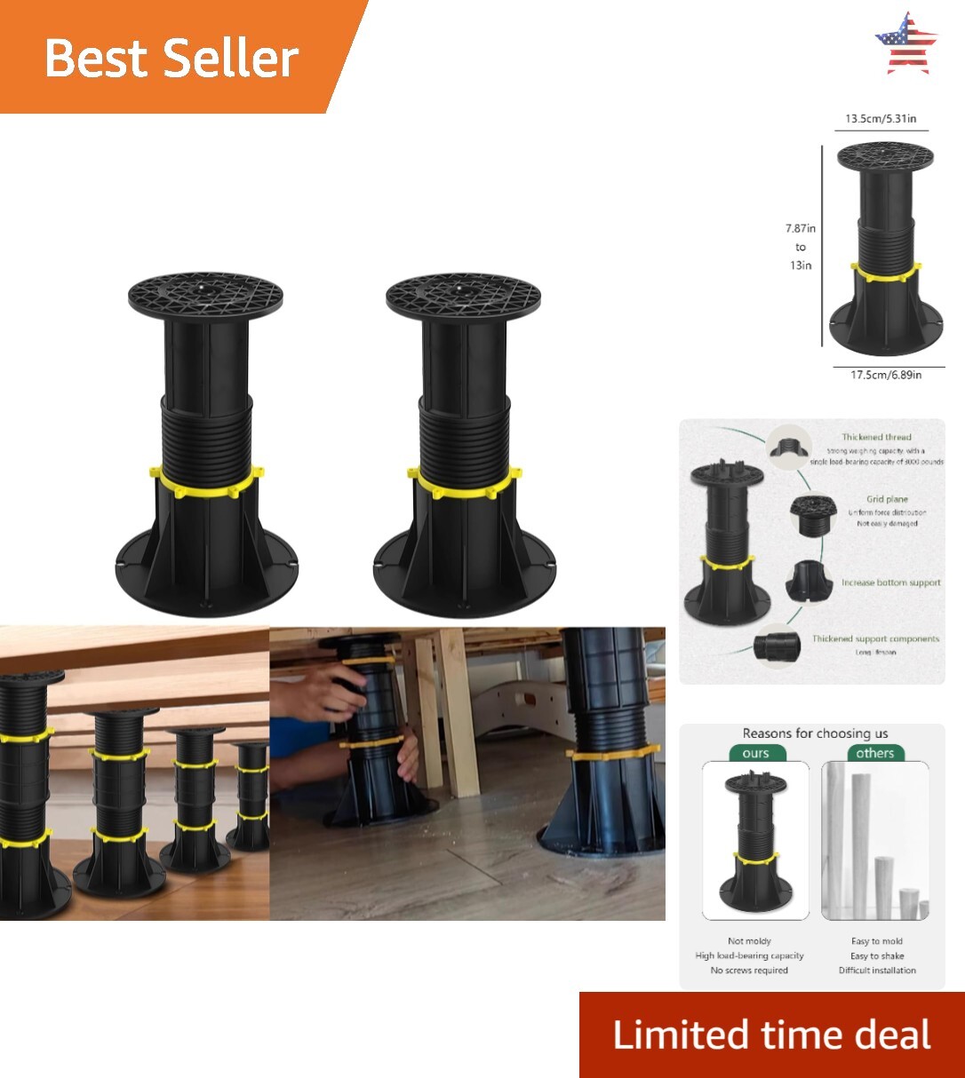 Heavy Duty Adjustable Bed Frame Support Legs with Center Support - Set of 2-image