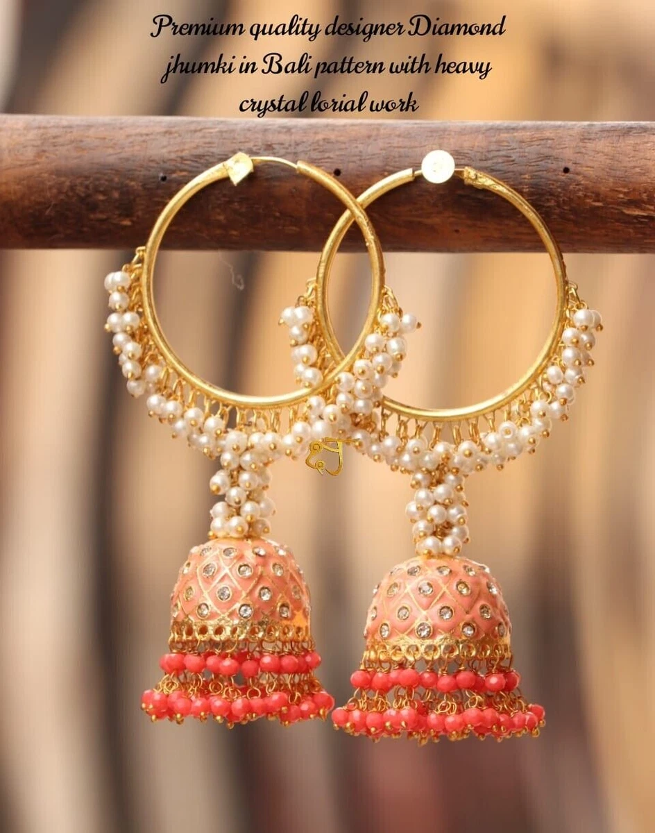 Indian Bollywood Style Enameled Peach CZ Bali Hoop Jhumka Earrings Jewelry Set