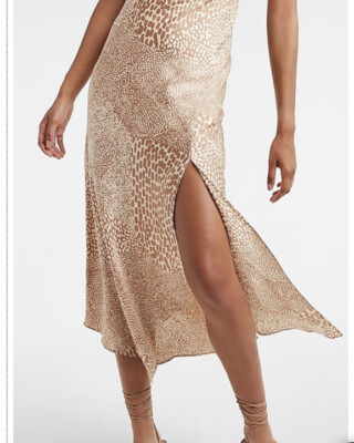 Express Neutral Beige Animal Print Cowl Neck Midi Satin Slip Dress Slit  XSmall | eBay