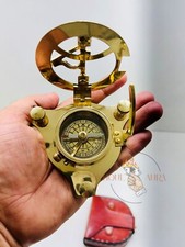 Nautical brass sundial pocket compass with leather case vintage gift.