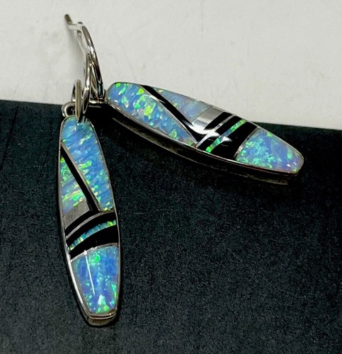 Opal And Onyx Inlay signed Sterling Silver Drop Dangle Southwestern Earrings - Picture 5 of 5