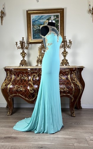 SHEER Embroidery Open Back Stretchy Long Evening Gown prom dress - Picture 3 of 6