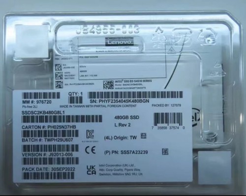LENOVO Intel S4510 480GB SSD 6Gb/s 2.5" SATA III SSDSC2KB480G8L1 L Rev 2