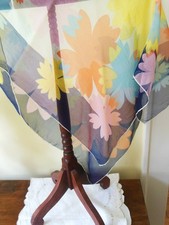 1960's Mod Floral Silk Chiffon Scarf 27" X 26" Navy Yellow Peach Pink Rolled Hem