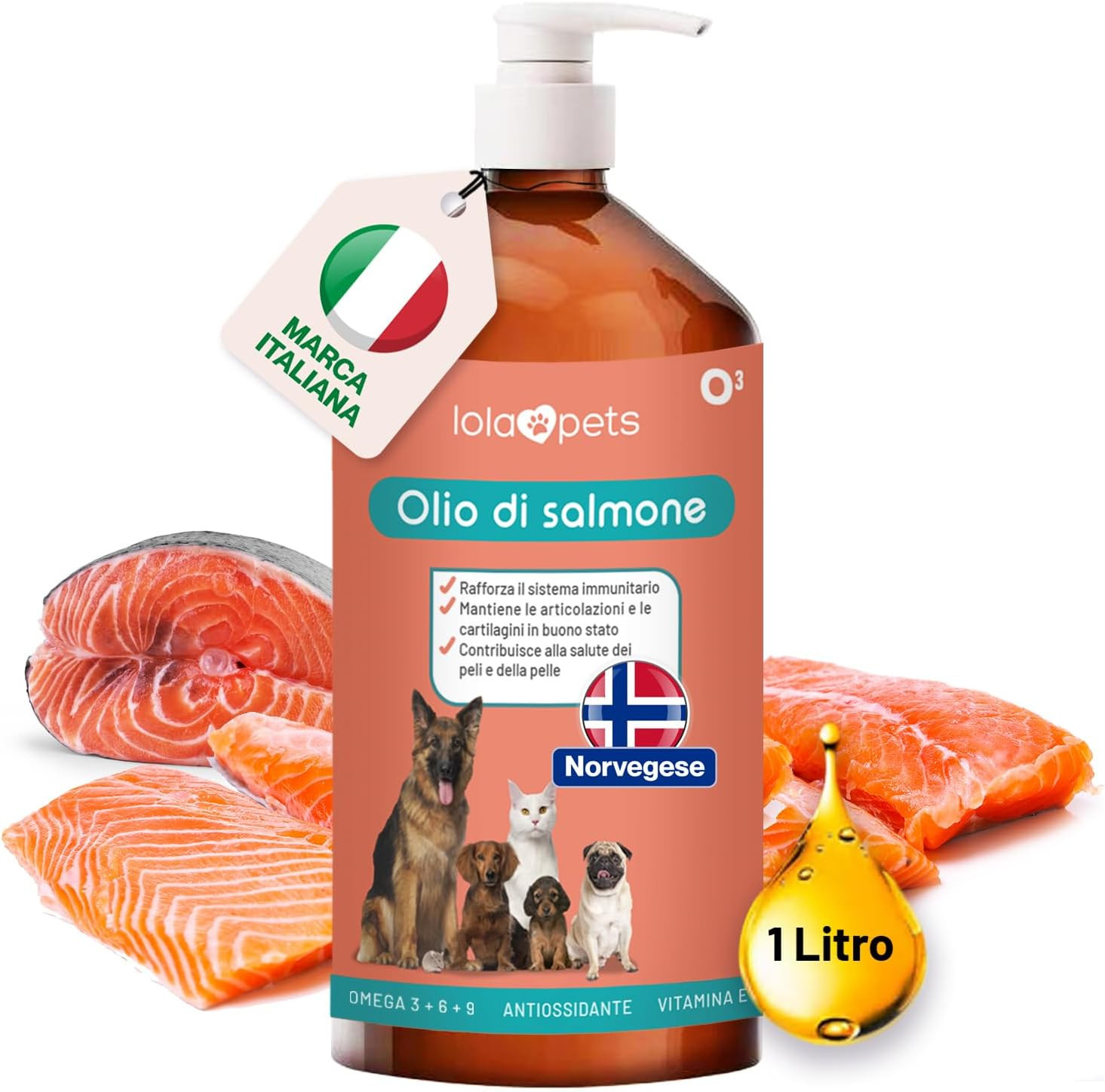 Olio di Salmone per Animali 1 Litro | Norvegese Puro Spremuto a Freddo