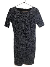 Lands End Navy Blue Polka Dot Ponte Knit Dress Pockets Career Chic Sz 8 EUC