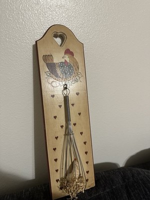 Country Chicken Wood & Metal Wall Hanging Plaque w/ Heart & Whisk, Kitchen