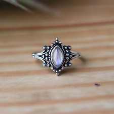Oxidized Silver Boho Ring - Marquise Moonstone Statement Band - Handmade