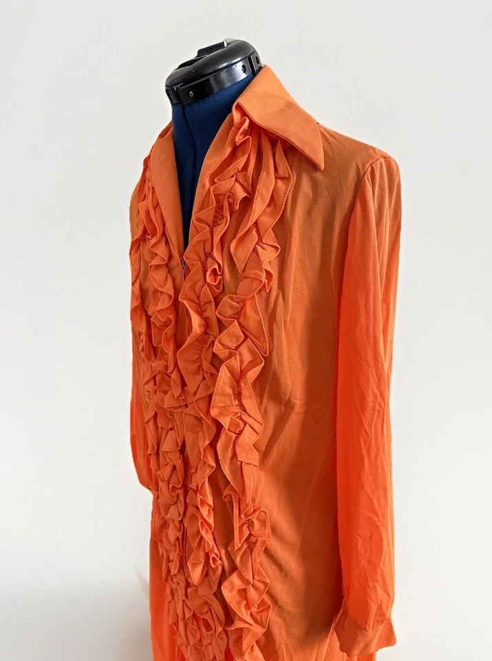 Maxi Vestido Para Mujer Vintage Años 70 80 Naranja Cremallera Gasa Volantes Plisado’s Foto 3 de 4