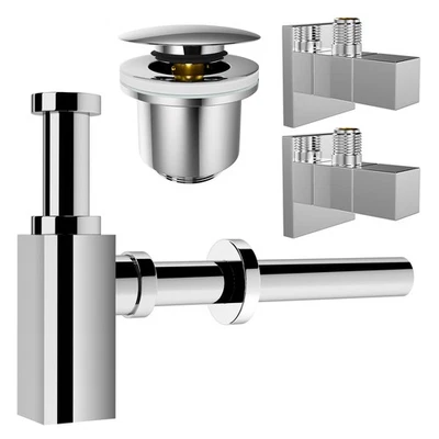 K&K DICHTUNGSTECHNIK kör4u Design-Set Cube - Siphon mit Pop-Up Ablaufventil und zwei Eckventilen
