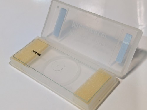 Meiji Techno MA287 high-precision stage micrometer tool, 0.01mm Square, in Case