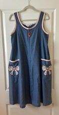 VTG Retro Komar Leisurely Living Cottagecore Blue Housedress Bow Pockets L/XL