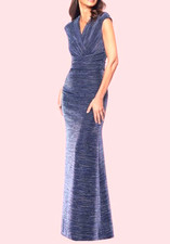 Betsy & Adam Petite Draped V-Neck Metallic Gown Size: 4P Royal/Silver RETAIL$269