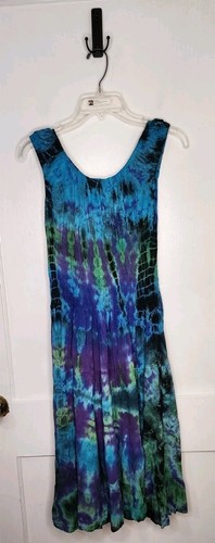 Advance Apparels Dress One Size Fits Most Smocked Waist Blue Purple Tie Dye Boho - Picture 2 of 6
