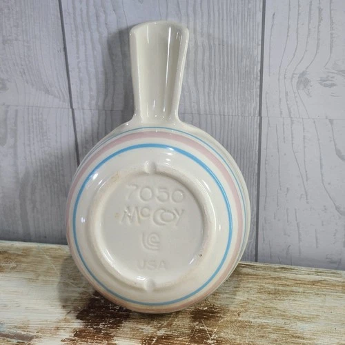 Vintage McCoy Pink Blue Stripe Soup Crock Bowl Handle 7050