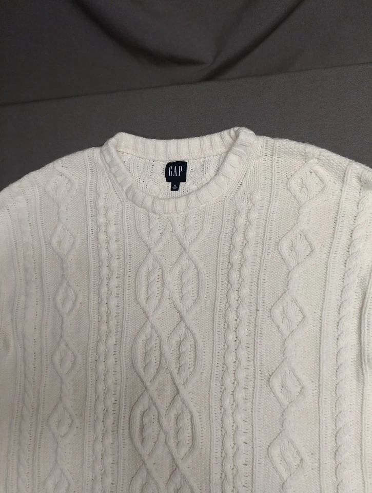 GAP Sweater Men's XL Ivory Cable Crew Knit Wool Blend Fisherman Mint 👌 - Image 2 of 4