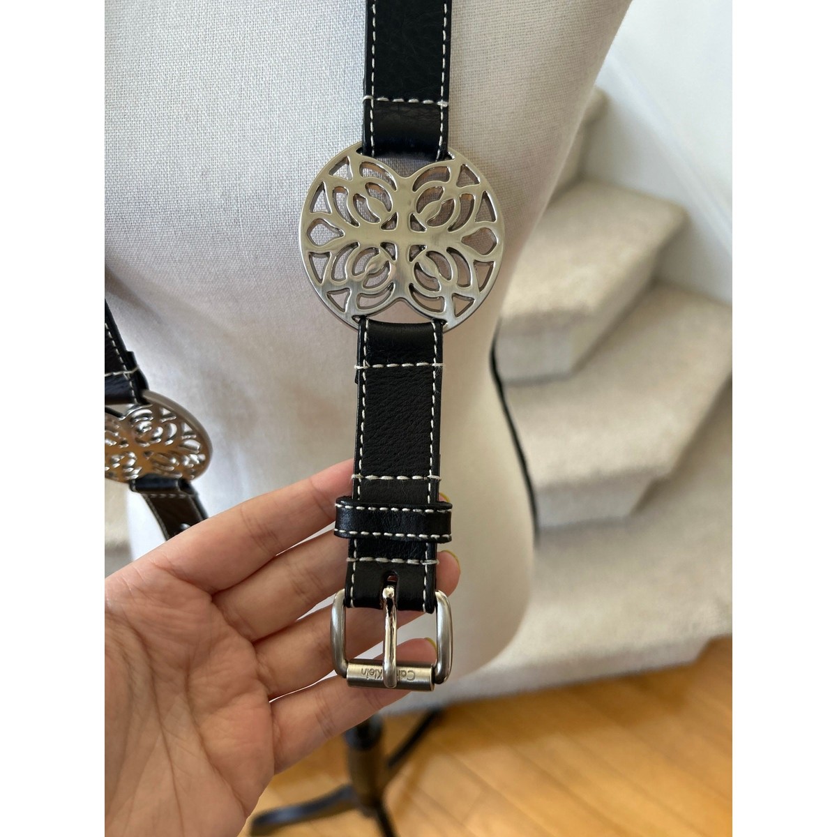 Vintage Calvin Klein Y2K Black Leather Silver Medallion Belt 