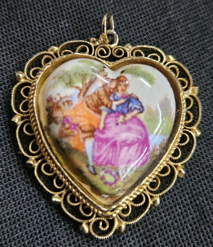 Vintage Heart Goldtone Filligree Porcelain Victorian Pendant-Italy