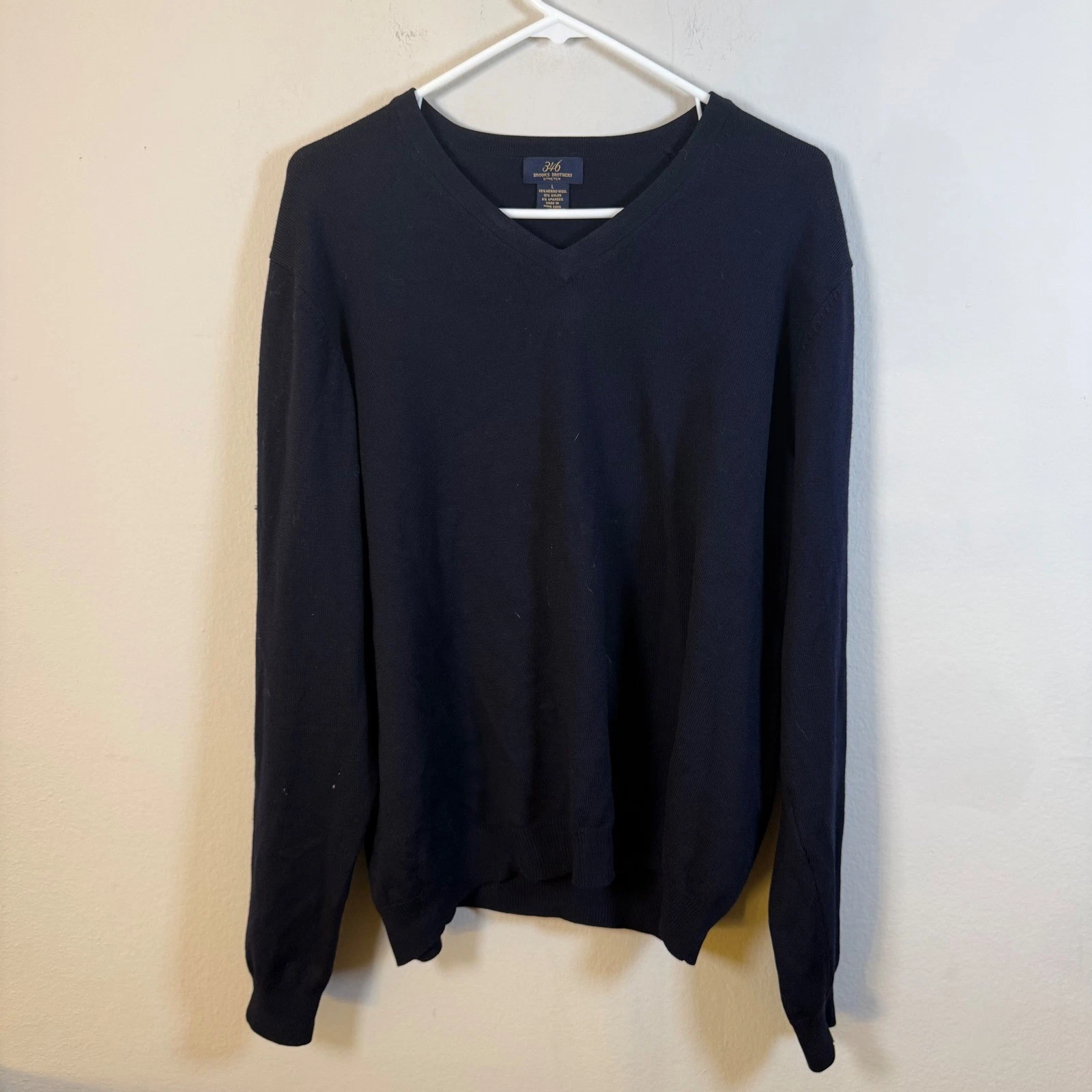 Brooks Brothers 346 Mens Navy Blue Merino Wool Blend Stretch V-Neck Sweater L