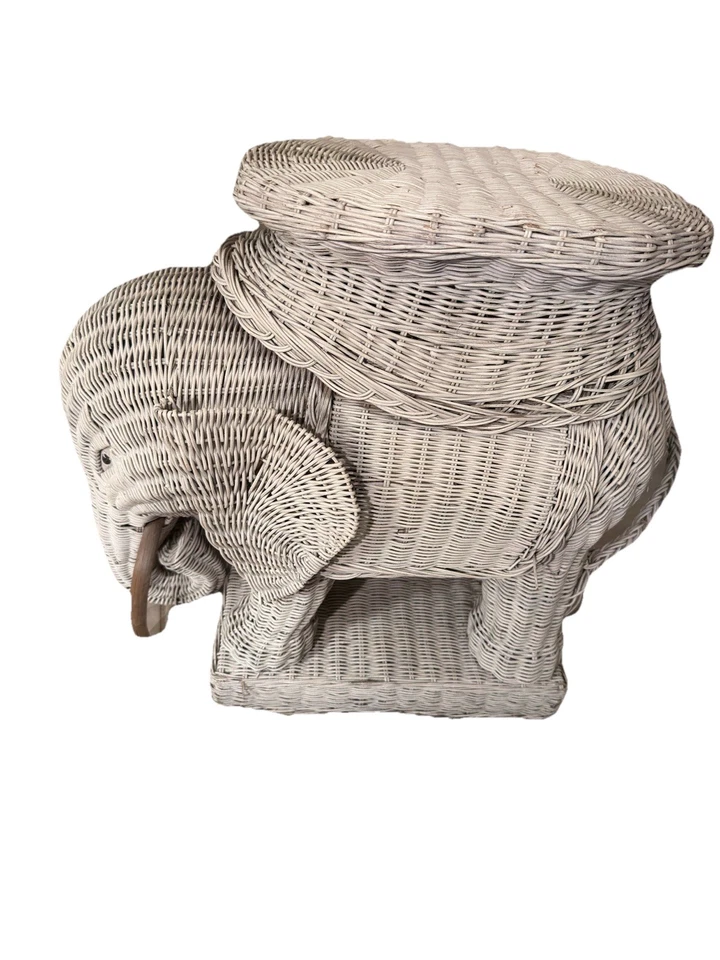 Vintage White Wicker / Rattan Elephant Table w/ Removable Tray Top – Boho - Image 2 of 4