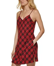 DKNY BLACK/SCARLET Women's Plaid-Print V-Neck A-Line Mini Slip Dress, Small