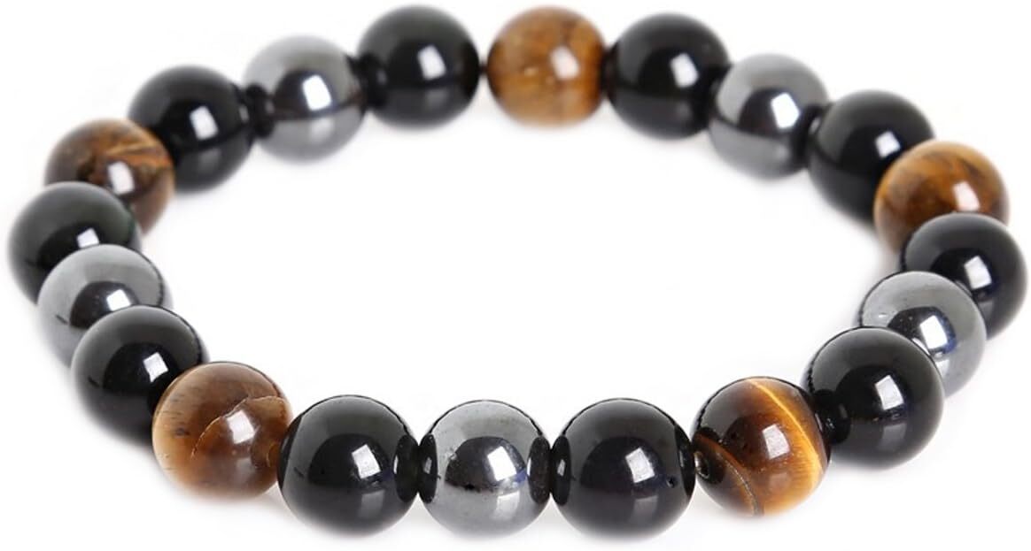 Tiger Eye & Hematite & Black Obsidian 10mm Beaded Bracelet Buddha Healing Rope M