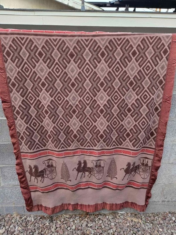 Vintage 70s PEACOCK  Southwestern Heavy Blanket  Satin Trim 100% Wool Boho