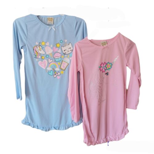 2x Girls Nightgown Pajamas-10-Unicorn-Cat-Pink-Blue-Long Sleeves-Sleepshirts