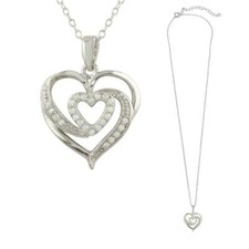 Sterling Silver Necklace w/ CZ Stones Double Open Heart Pendant