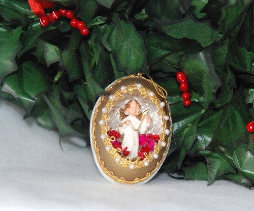 Vintage Handmade Gold Shell Angel & Roses Diorama Egg Shell Ornament A12 - 第 1/2 張圖片
