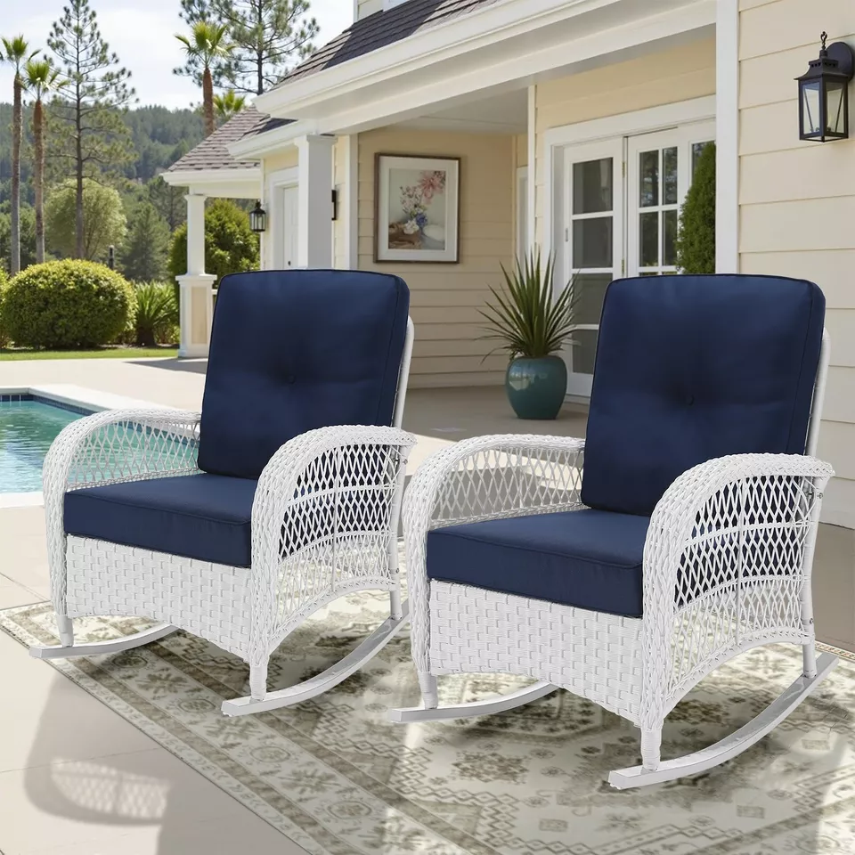 2 PIEZAS Mecedora Exterior Mimbre Patio Respaldo Alto Ratán Balancín Silla para Porche Foto 2 de 4