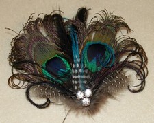 Fascinator feather clip natural peacock rhinestone bridal photo prop bling black
