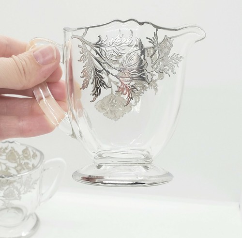 Vintage Depression Creamer & Sugar Elegant Glass Silver Trim and Overlay Poppies - Picture 9 of 9