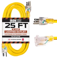 Lighted Outdoor Extension Cord 25 ft - 14 Gauge 15 Amp Heavy Duty Power Exten